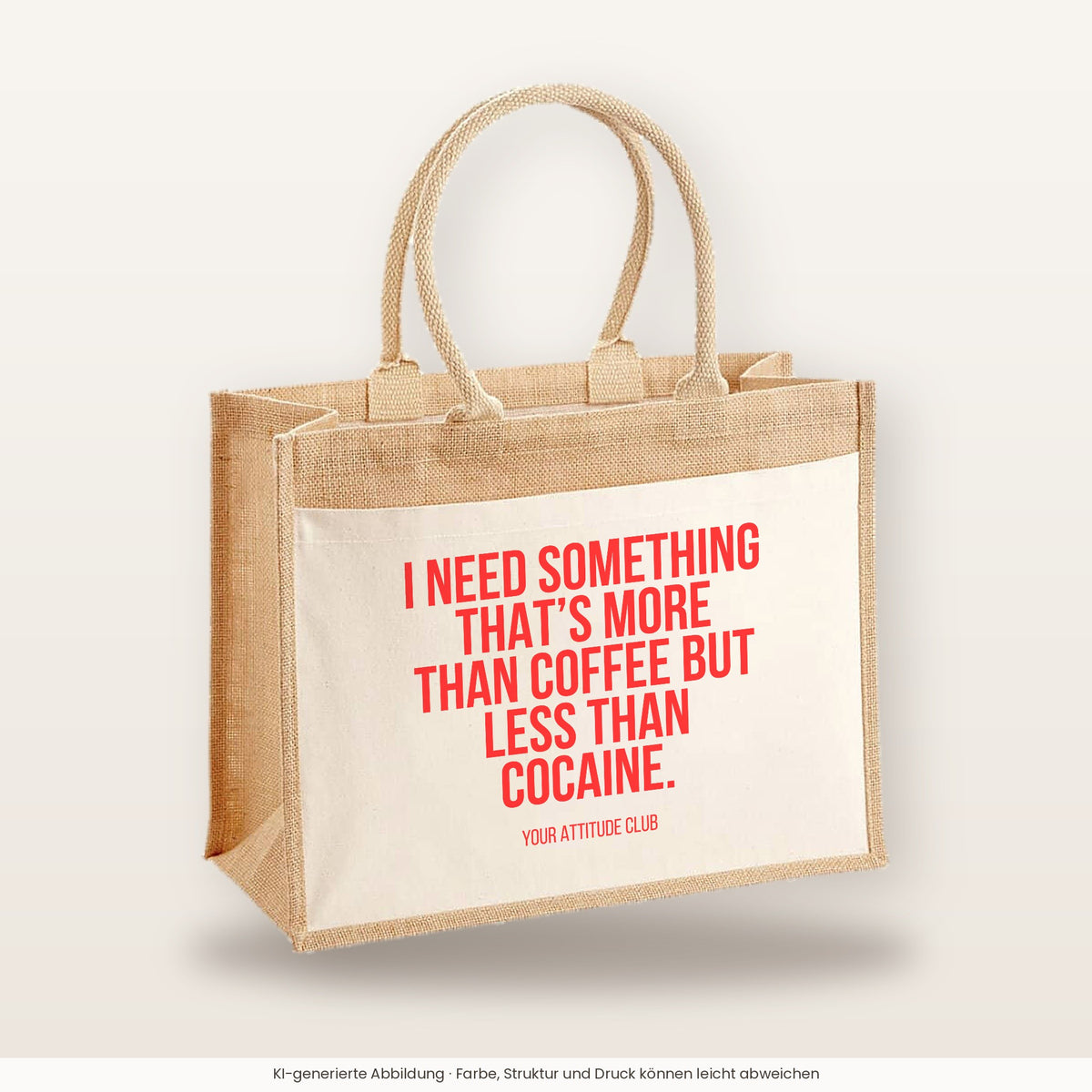 I need something that's more than coffee but less than cocaine. – Jutetasche mit Spruch, große Jutetasche, Produktansicht