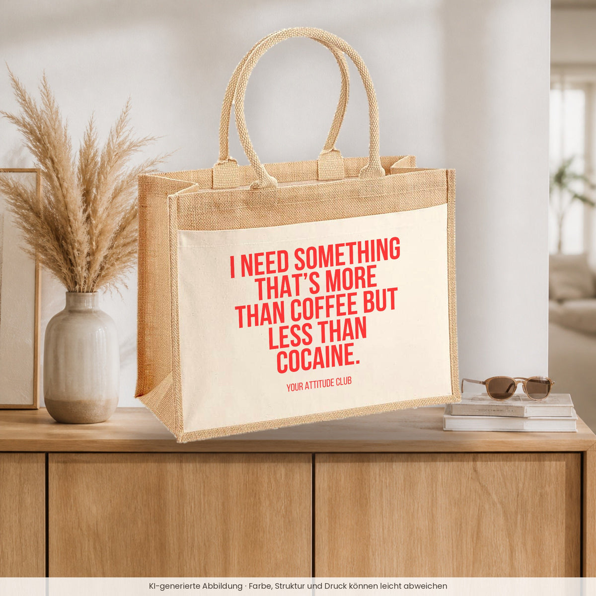 I need something that's more than coffee but less than cocaine. – Jutetasche mit Spruch, auf dem Sideboard im Flur