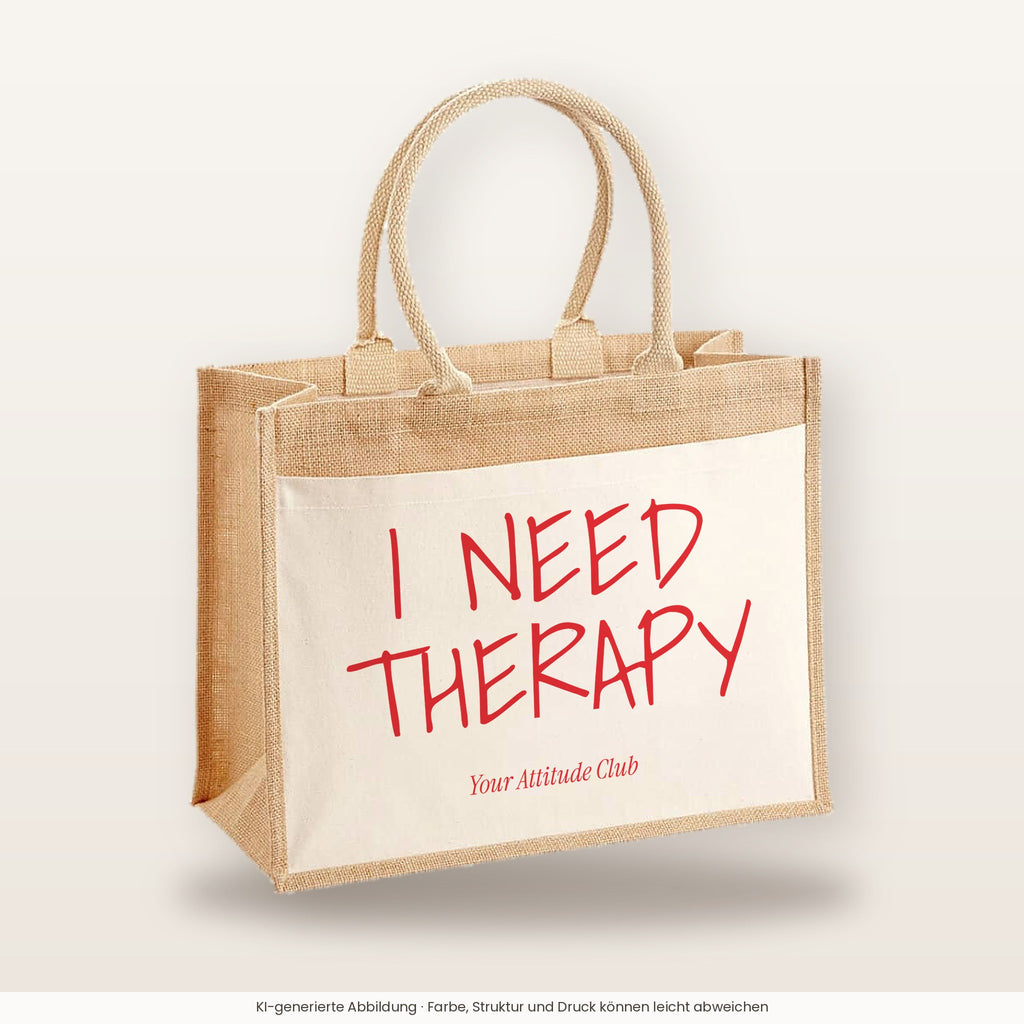 I Need Therapy – Jutetasche mit Spruch, große Jutetasche, Produktansicht