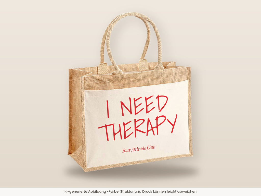 I Need Therapy – Jutetasche mit Spruch, große Jutetasche, Detailansicht