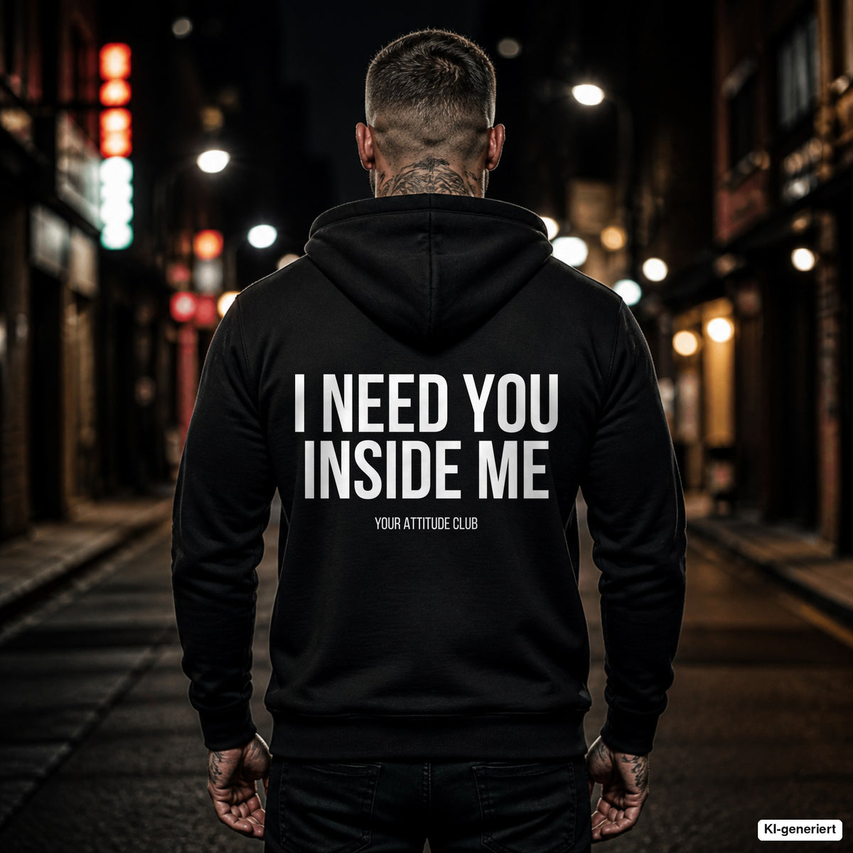 I need you inside me – schwarzer Hoodie mit weißem Backprint, Herren in der Stadt bei Nacht