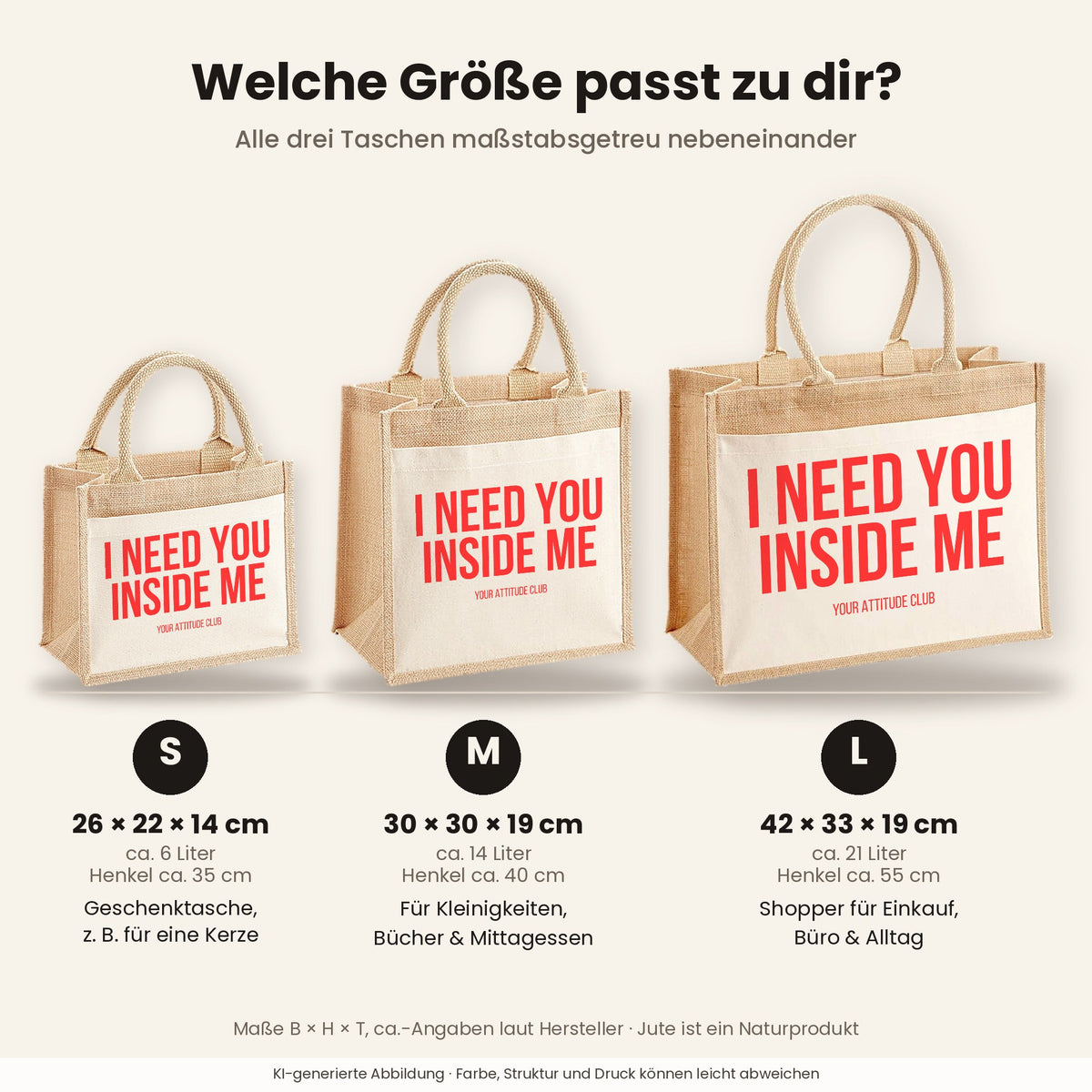 I need you inside me – Jutetasche mit Spruch, Größenvergleich klein, mittel, groß