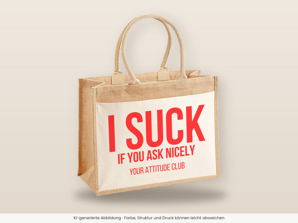 I suck if you ask nicely – Jutetasche mit Spruch, große Jutetasche, Detailansicht