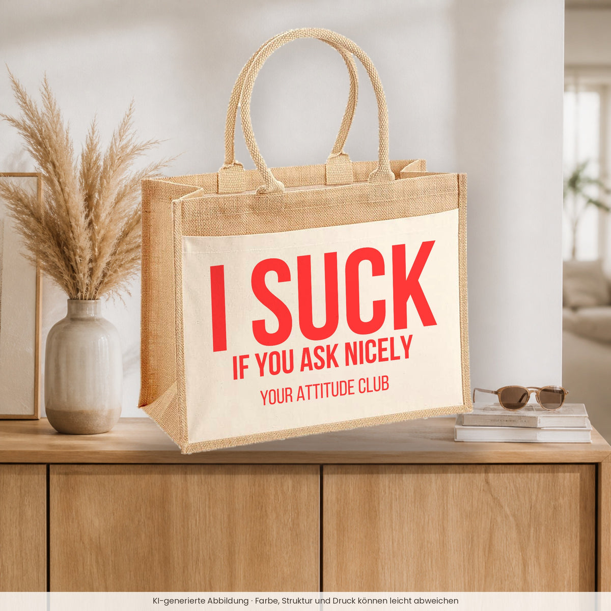 I suck if you ask nicely – Jutetasche mit Spruch, auf dem Sideboard im Flur