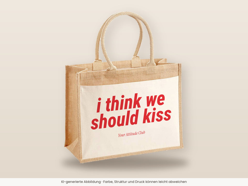 I Think We Should Kiss – Jutetasche mit Spruch, große Jutetasche, Detailansicht