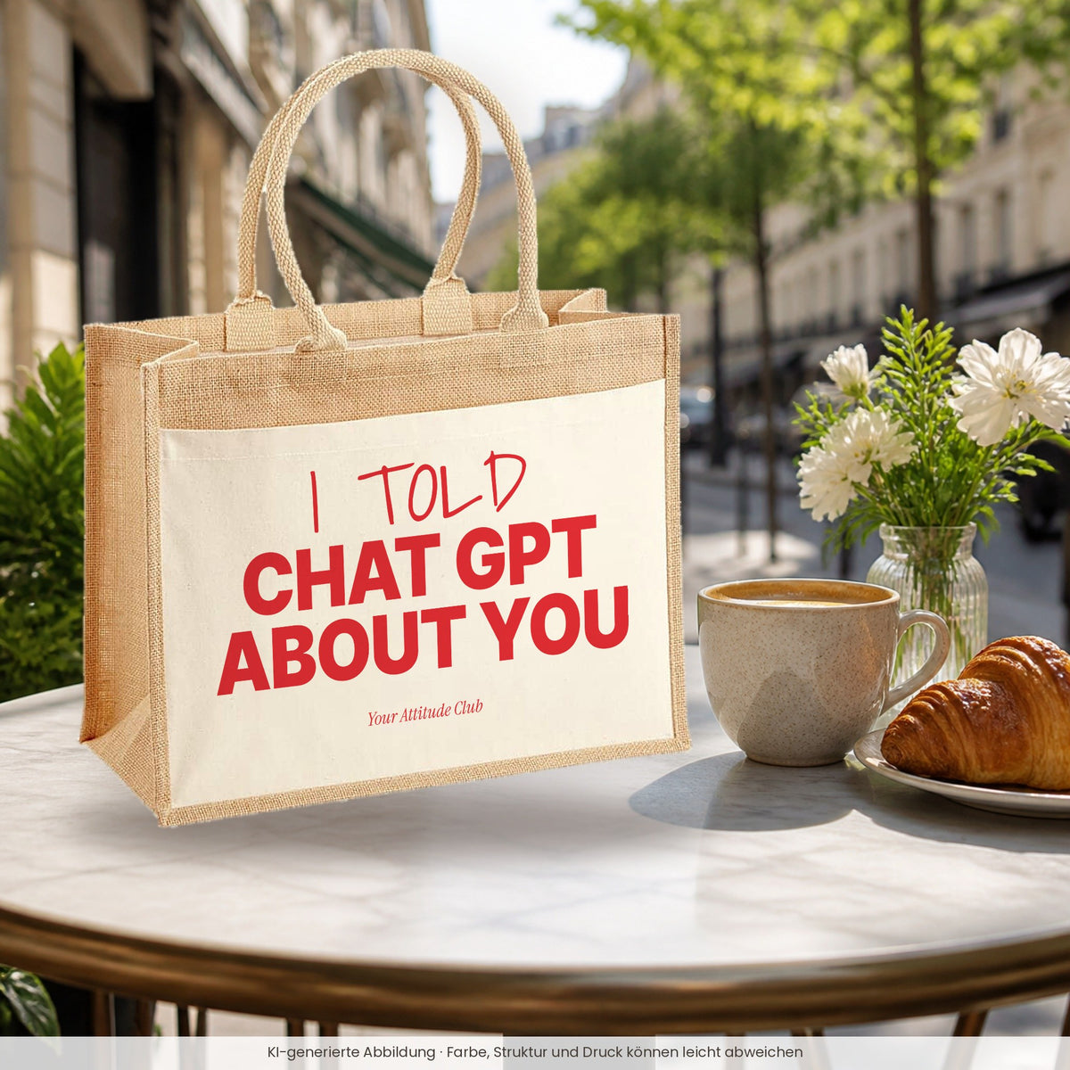 I told Chat GPT about you – Jutetasche mit Spruch, im Café