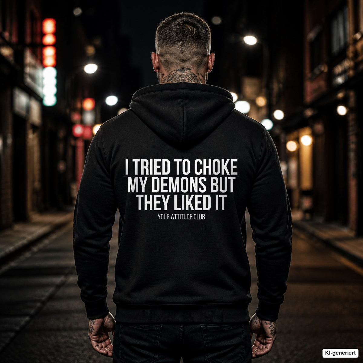I tried to choke my demons but they liked it – schwarzer Hoodie mit weißem Backprint, Herren in der Stadt bei Nacht