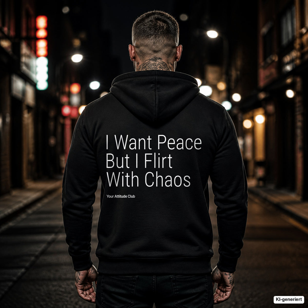 I Want Peace But I Flirt With Chaos – schwarzer Hoodie mit weißem Backprint, Herren in der Stadt bei Nacht