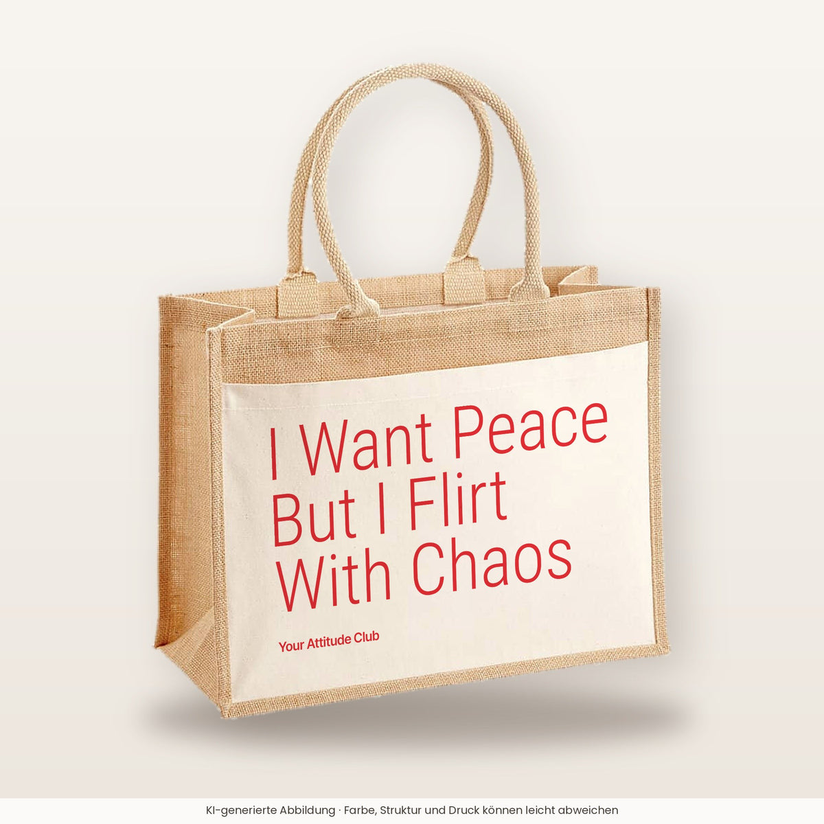 I Want Peace But I Flirt With Chaos – Jutetasche mit Spruch, große Jutetasche, Produktansicht