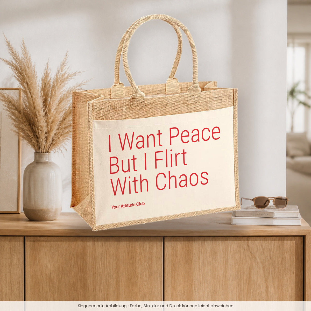 I Want Peace But I Flirt With Chaos – Jutetasche mit Spruch, auf dem Sideboard im Flur