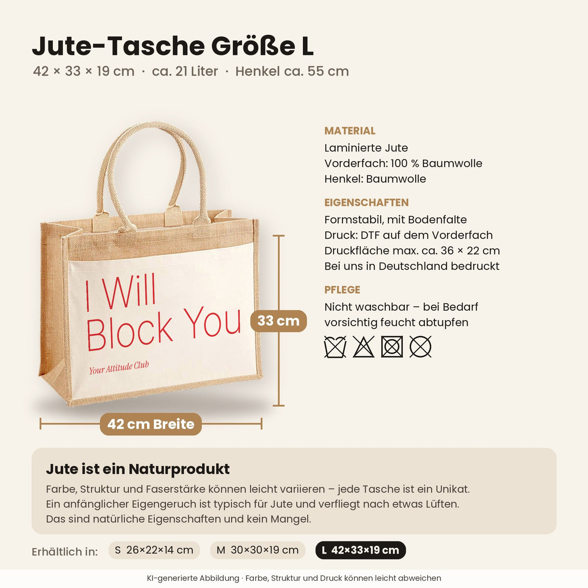 I Will Block You – Jutetasche mit Spruch, Maße, Material und Pflege