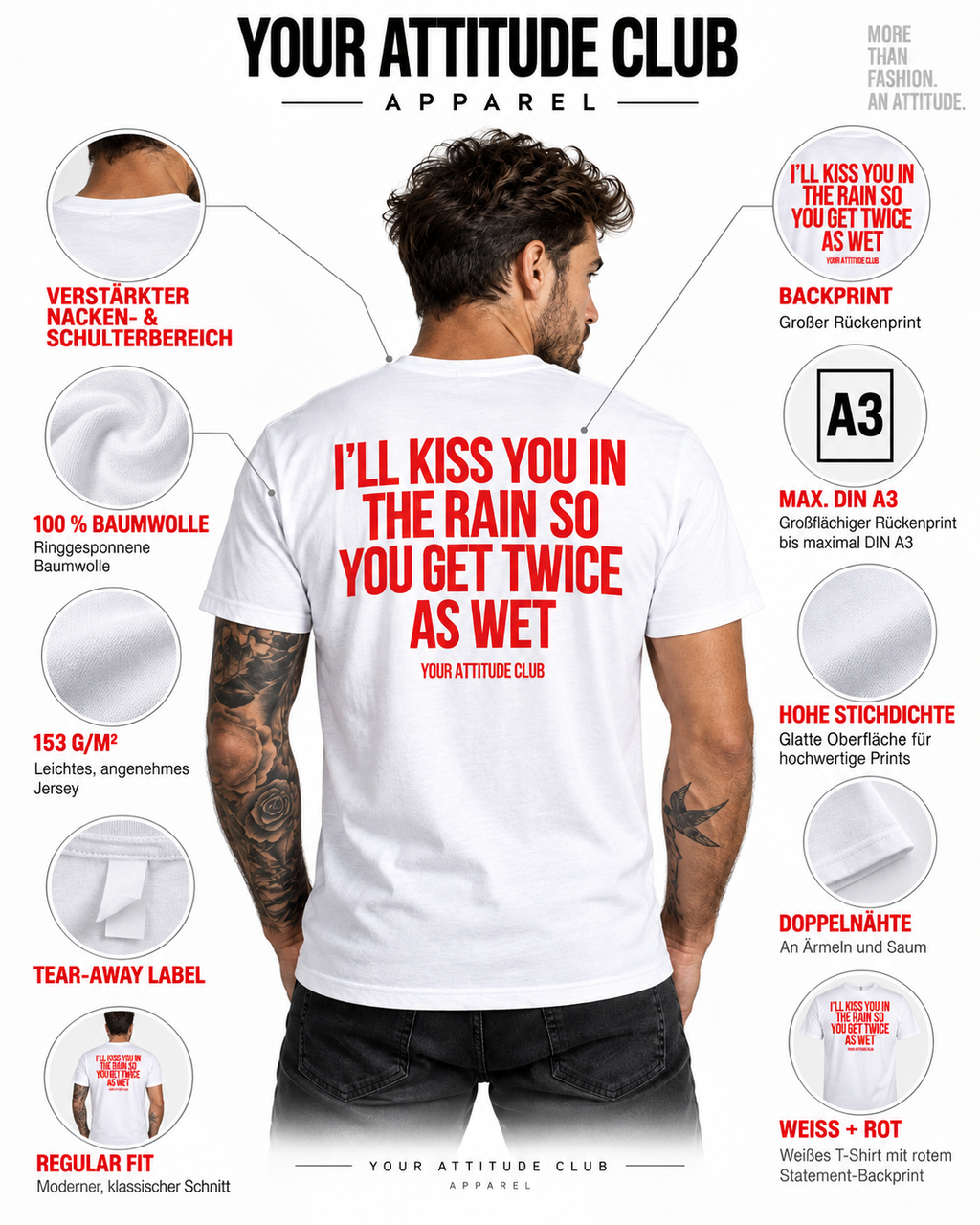 I’LL KISS YOU IN THE RAIN SO YOU GET TWICE AS WET – Unisex Statement T-Shirt Weiß mit rotem Backprint | freches Sprüche Shirt