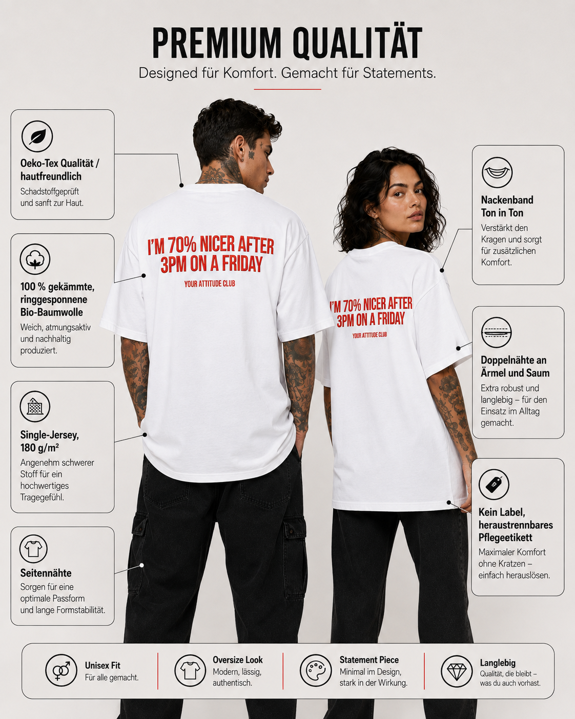 I’M 70% NICER AFTER 3PM ON A FRIDAY – weißes Oversize Unisex Shirt, roter Backprint, lustiges Büro Shirt, Freitag Spruch, Kollegen Geschenk