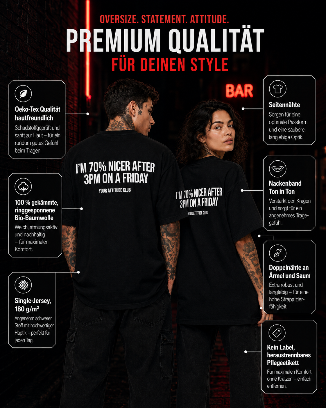 I’M 70% NICER AFTER 3PM ON A FRIDAY – schwarzes Oversize Unisex Shirt, weißer Backprint, lustiges Büro Shirt, Freitag Spruch, Kollegen Geschenk