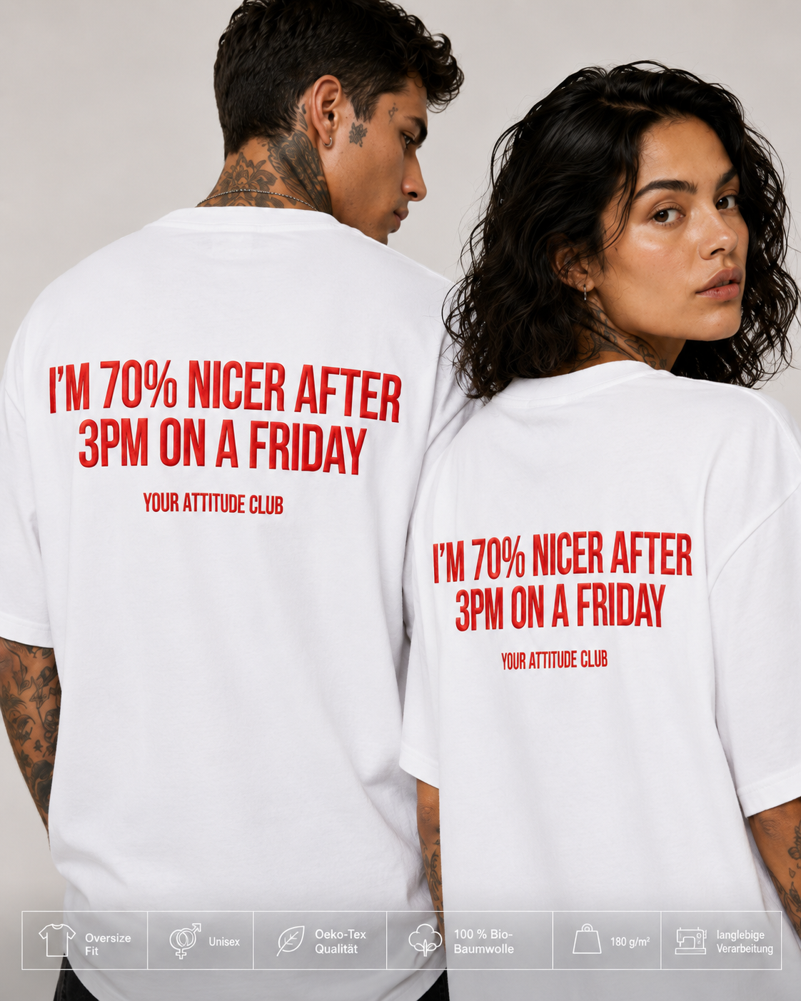 I’M 70% NICER AFTER 3PM ON A FRIDAY – weißes Oversize Unisex Shirt, roter Backprint, lustiges Büro Shirt, Freitag Spruch, Kollegen Geschenk