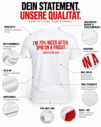 I’M 70% NICER AFTER 3PM ON A FRIDAY – Unisex Statement T-Shirt Weiß mit rotem Backprint | lustiges Sprüche Shirt