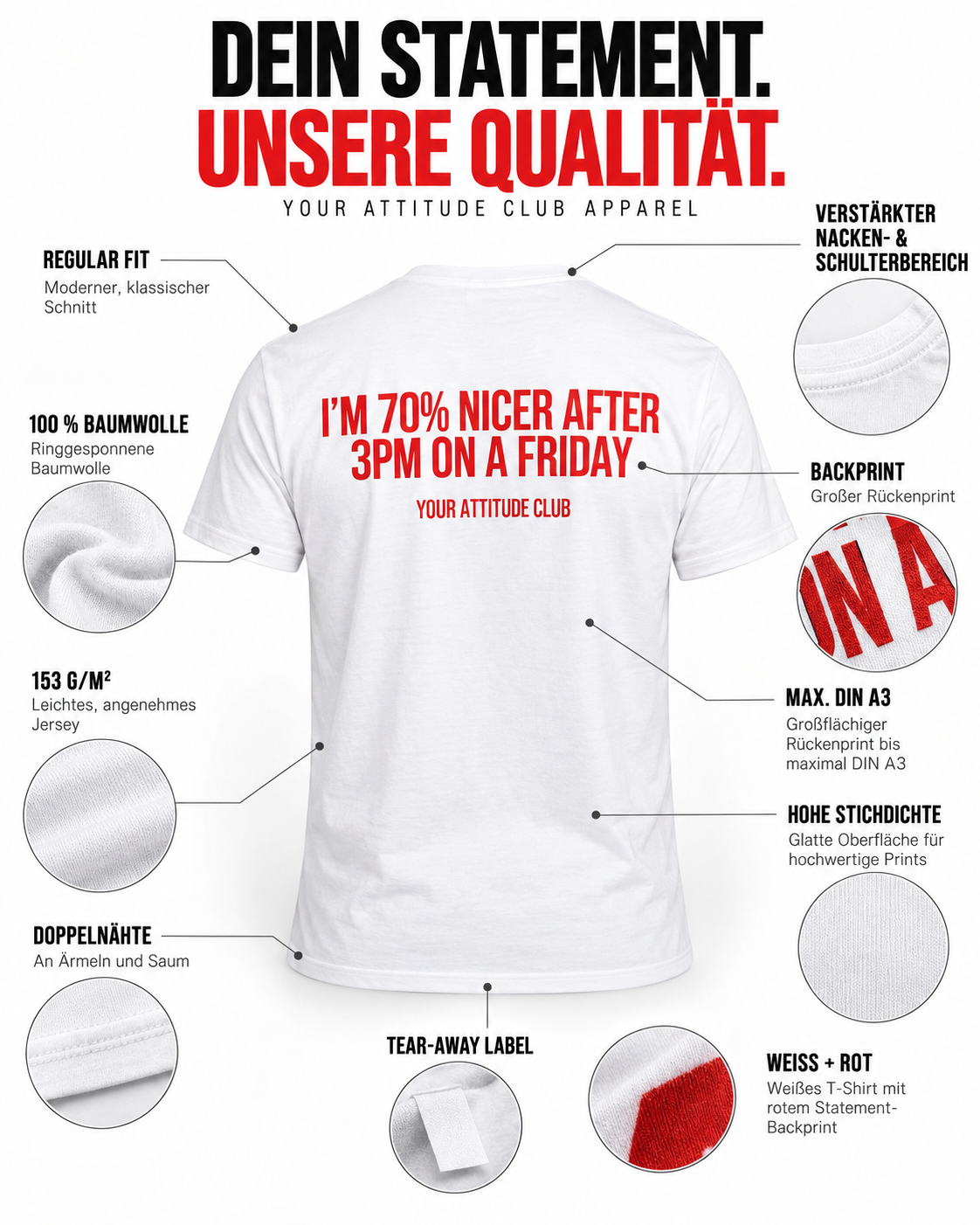 I’M 70% NICER AFTER 3PM ON A FRIDAY – Unisex Statement T-Shirt Weiß mit rotem Backprint | lustiges Sprüche Shirt
