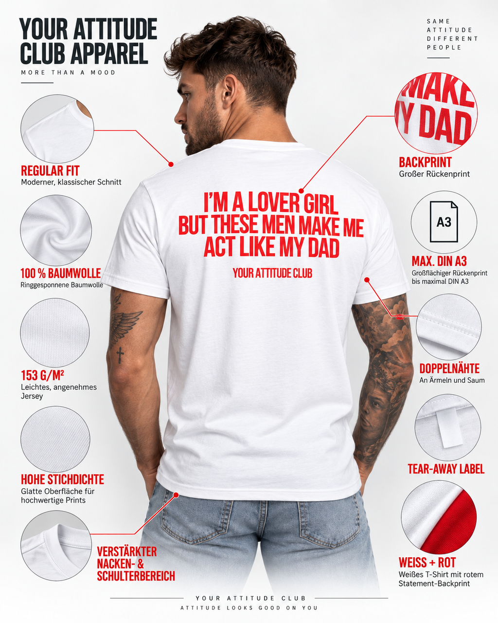 I’M A LOVER GIRL BUT THESE MEN MAKE ME ACT LIKE MY DAD – Unisex Statement T-Shirt Weiß mit rotem Backprint | freches Sprüche Shirt