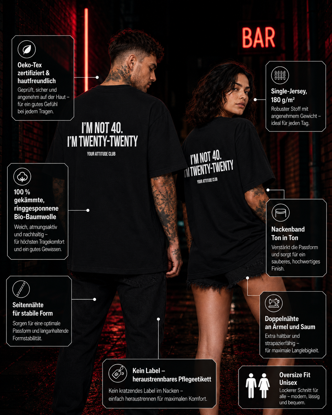 I’M NOT 40. I’M TWENTY-TWENTY – schwarzes Oversize Unisex Shirt, weißer Backprint, lustiges 40. Geburtstag Shirt, Geburtstagsgeschenk, Spruchshirt
