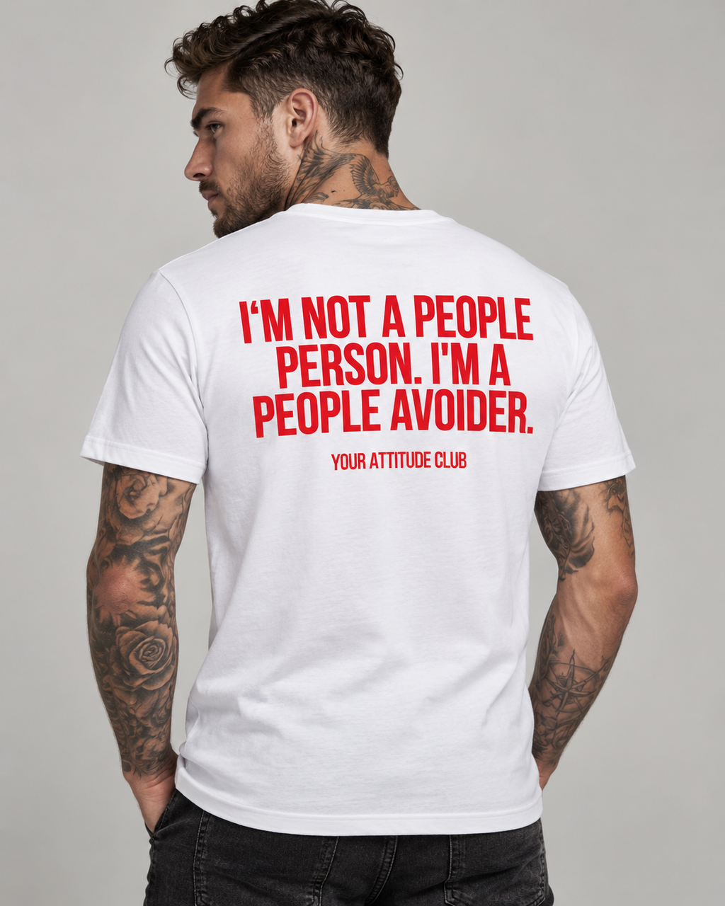 I'M NOT A PEOPLE PERSON. I'M A PEOPLE AVOIDER. – Unisex Statement T-Shirt Weiß mit rotem Backprint | freches Introvert Shirt