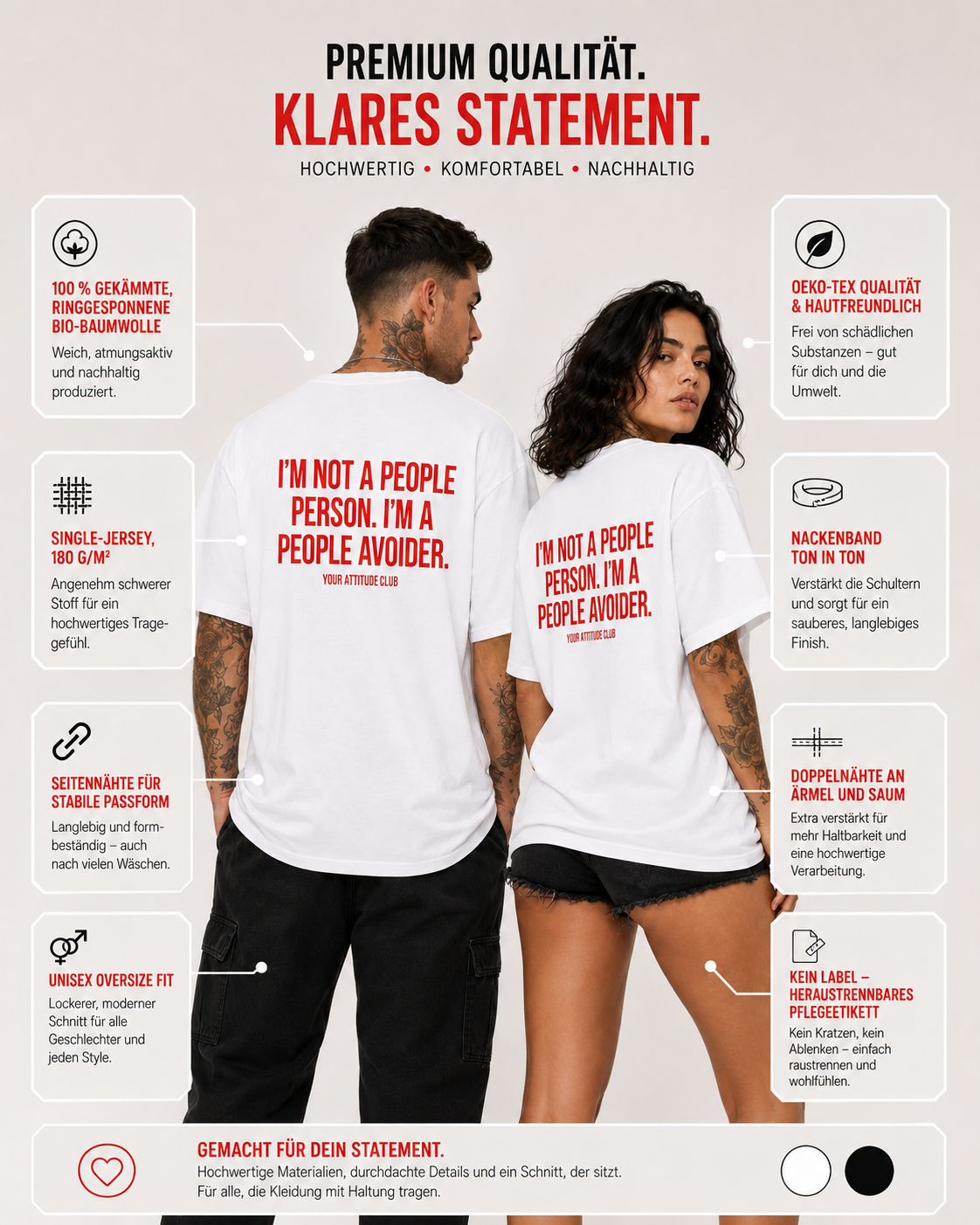 I’M NOT A PEOPLE PERSON. I’M A PEOPLE AVOIDER. – weißes Oversize Unisex Shirt, roter Backprint, lustiges Spruchshirt, Anti Social Shirt, Geschenk