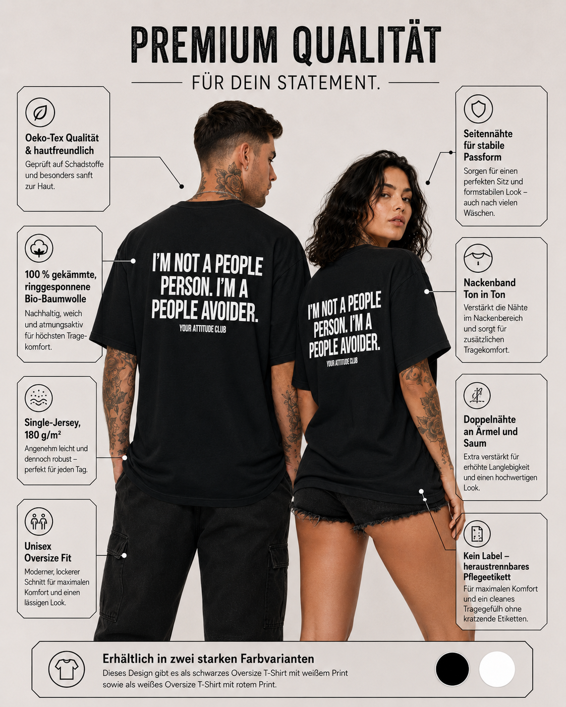 I’M NOT A PEOPLE PERSON. I’M A PEOPLE AVOIDER. – weißes Oversize Unisex Shirt, roter Backprint, lustiges Spruchshirt, Anti Social Shirt, Geschenk