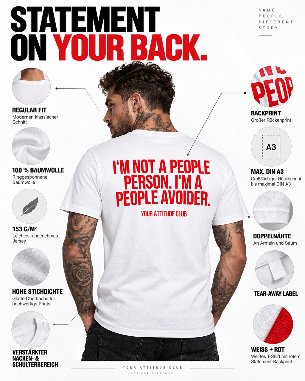 I'M NOT A PEOPLE PERSON. I'M A PEOPLE AVOIDER. – Unisex Statement T-Shirt Weiß mit rotem Backprint | freches Introvert Shirt