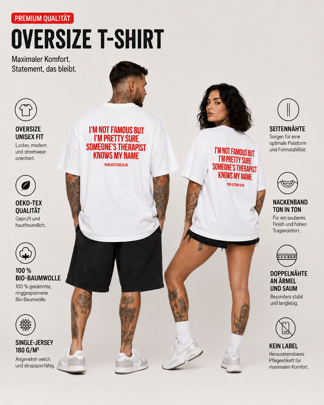 I’M NOT FAMOUS BUT I’M PRETTY SURE SOMEONE’S THERAPIST KNOWS MY NAME – weißes Oversize Unisex Shirt, roter Backprint, lustiges Spruchshirt, Geschenk