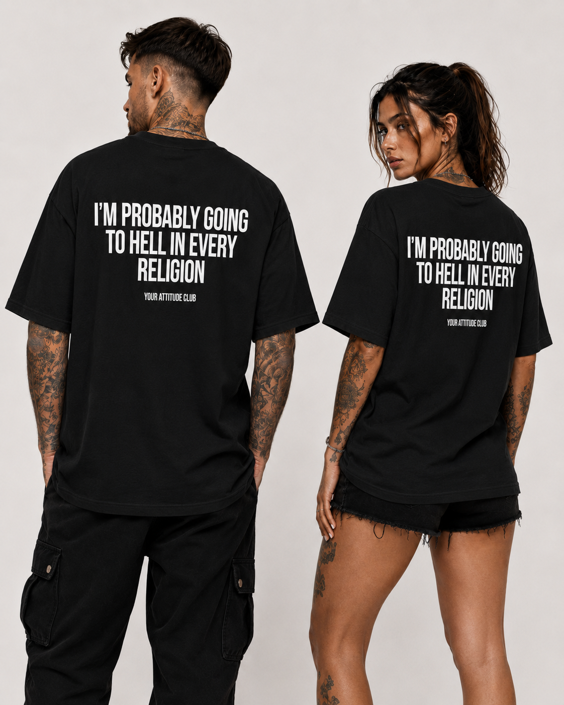I’M PROBABLY GOING TO HELL IN EVERY RELIGION – weißes Oversize Unisex Shirt, roter Backprint, freches Statement Shirt, lustiges Spruchshirt