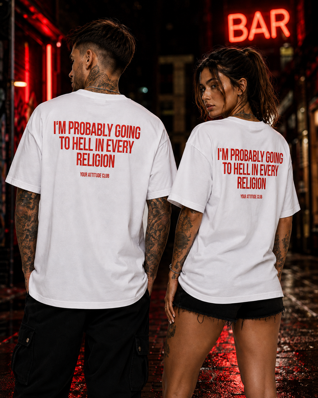 I’M PROBABLY GOING TO HELL IN EVERY RELIGION – weißes Oversize Unisex Shirt, roter Backprint, freches Statement Shirt, lustiges Spruchshirt