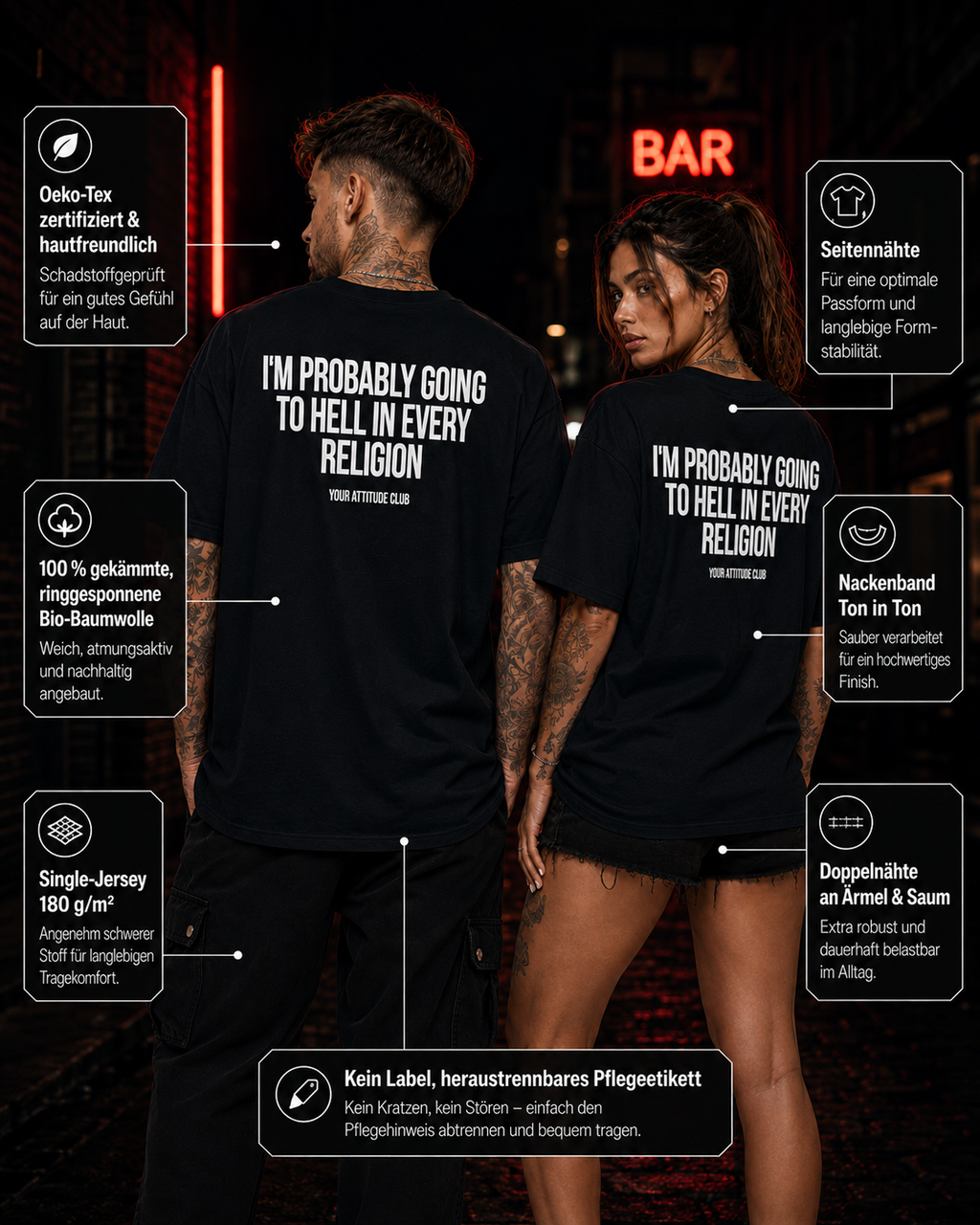 I’M PROBABLY GOING TO HELL IN EVERY RELIGION – weißes Oversize Unisex Shirt, roter Backprint, freches Statement Shirt, lustiges Spruchshirt