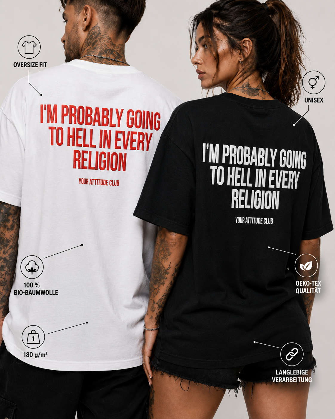 I’M PROBABLY GOING TO HELL IN EVERY RELIGION – weißes Oversize Unisex Shirt, roter Backprint, freches Statement Shirt, lustiges Spruchshirt