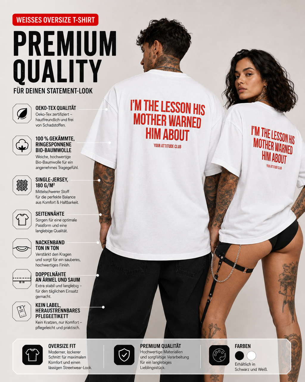 I’M THE LESSON HIS MOTHER WARNED HIM ABOUT – schwarzes Oversize Unisex Shirt, weißer Backprint, freches Spruchshirt, Sarkasmus, schwarzer Humor