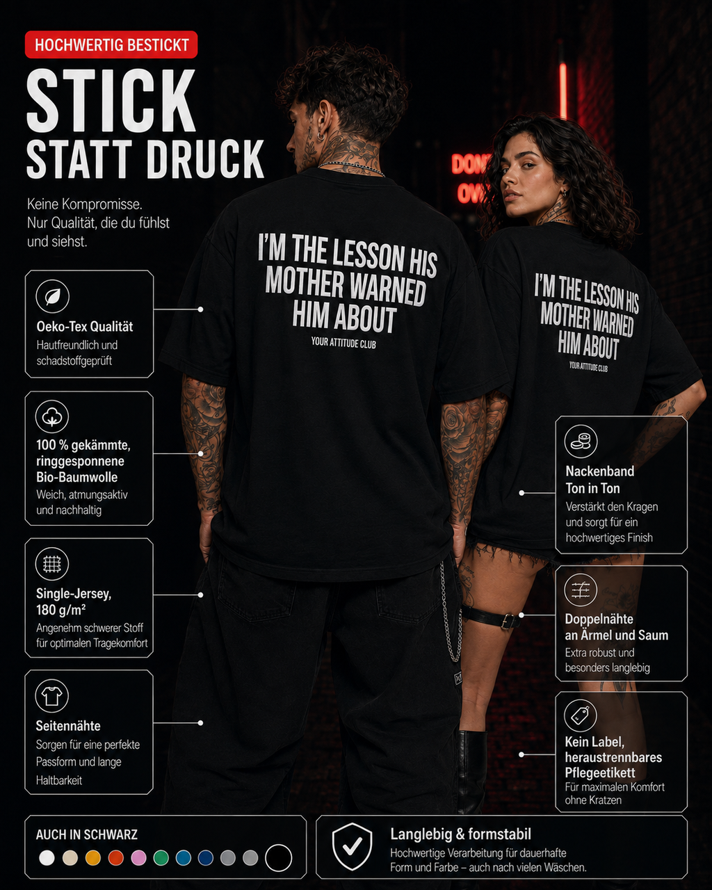 I’M THE LESSON HIS MOTHER WARNED HIM ABOUT – schwarzes Oversize Unisex Shirt, weißer Backprint, freches Spruchshirt, Sarkasmus, schwarzer Humor