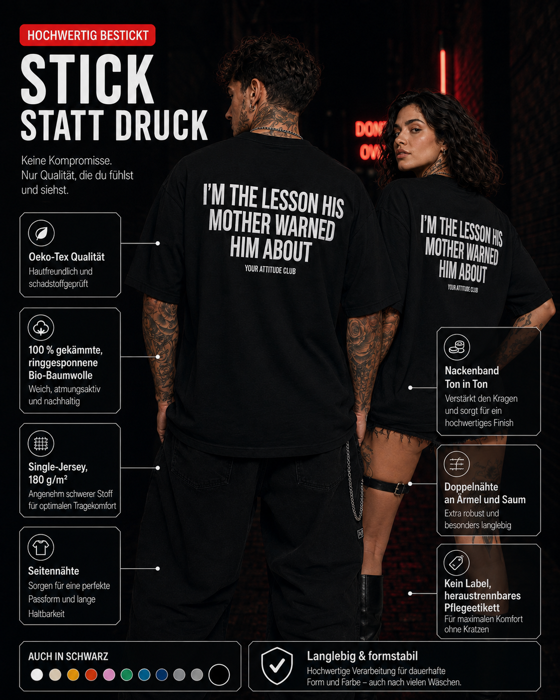 I’M THE LESSON HIS MOTHER WARNED HIM ABOUT – schwarzes Oversize Unisex Shirt, weißer Backprint, freches Spruchshirt, Sarkasmus, schwarzer Humor