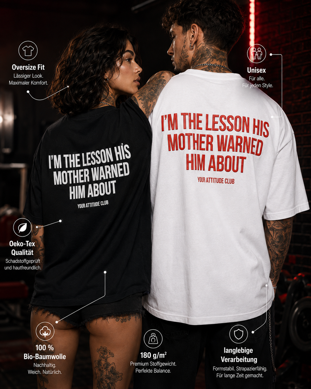 I’M THE LESSON HIS MOTHER WARNED HIM ABOUT – schwarzes Oversize Unisex Shirt, weißer Backprint, freches Spruchshirt, Sarkasmus, schwarzer Humor