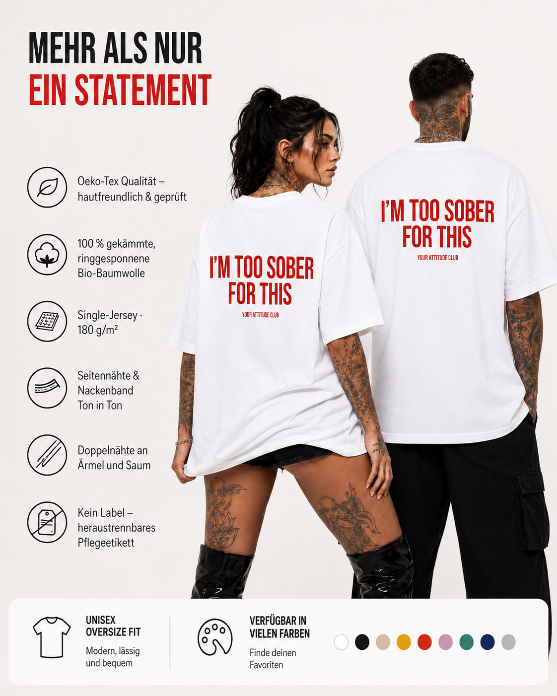 I’M TOO SOBER FOR THIS – weißes Oversize Unisex Shirt, roter Backprint, lustiges Party Shirt, Alkohol Spruchshirt, Statement Streetwear