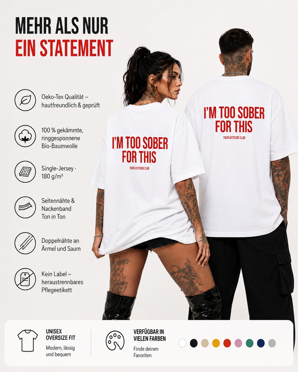 I’M TOO SOBER FOR THIS – schwarzes Oversize Unisex Shirt, weißer Backprint, lustiges Party Shirt, Alkohol Spruchshirt, edgy Statement Streetwear