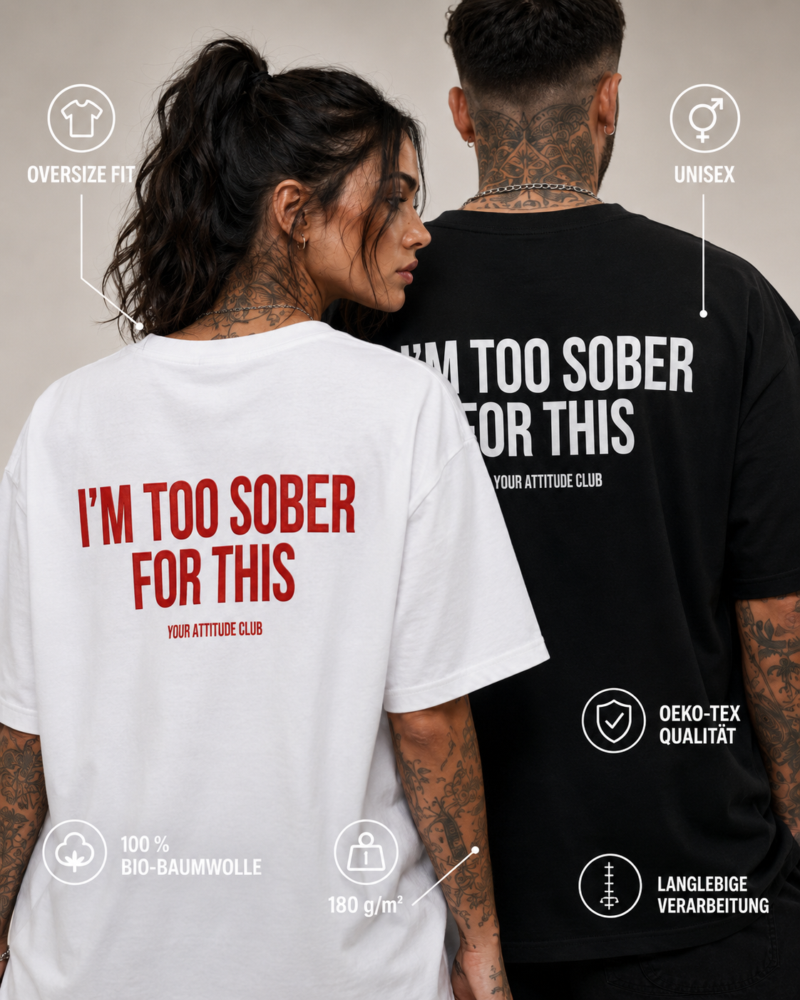 I’M TOO SOBER FOR THIS – weißes Oversize Unisex Shirt, roter Backprint, lustiges Party Shirt, Alkohol Spruchshirt, Statement Streetwear