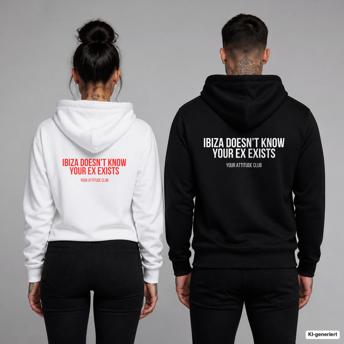 Ibiza doesn’t know your ex exists – Hoodie mit Backprint, Frau in Weiß mit rotem und Mann in Schwarz mit weißem Aufdruck