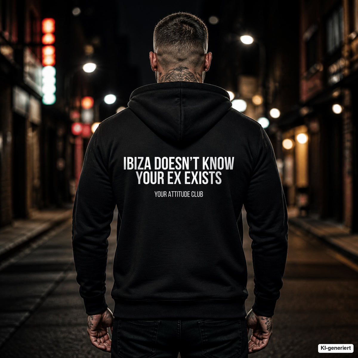 Ibiza doesn’t know your ex exists – schwarzer Hoodie mit weißem Backprint, Herren in der Stadt bei Nacht