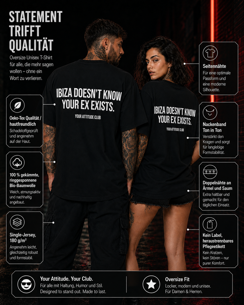 IBIZA DOESN’T KNOW YOUR EX EXISTS – schwarzes Oversize Unisex Shirt, weißer Backprint, Ibiza Party Shirt, Breakup Shirt, freches Ex Statement Shirt