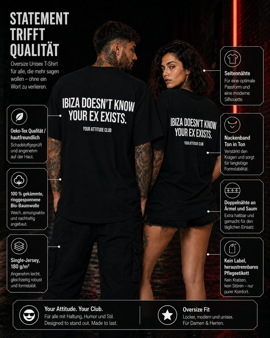 IBIZA DOESN’T KNOW YOUR EX EXISTS – schwarzes Oversize Unisex Shirt, weißer Backprint, Ibiza Party Shirt, Breakup Shirt, freches Ex Statement Shirt