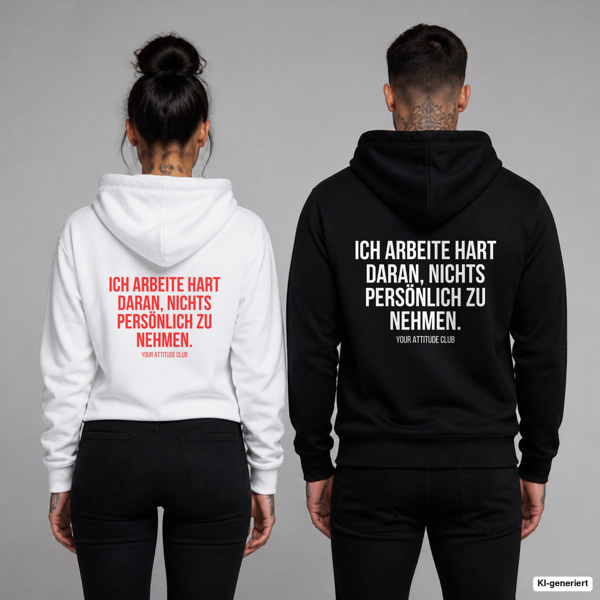 Ich arbeite hart daran, nichts persönlich zu nehmen – Hoodie mit Backprint, Frau in Weiß mit rotem und Mann in Schwarz mit weißem Aufdruck