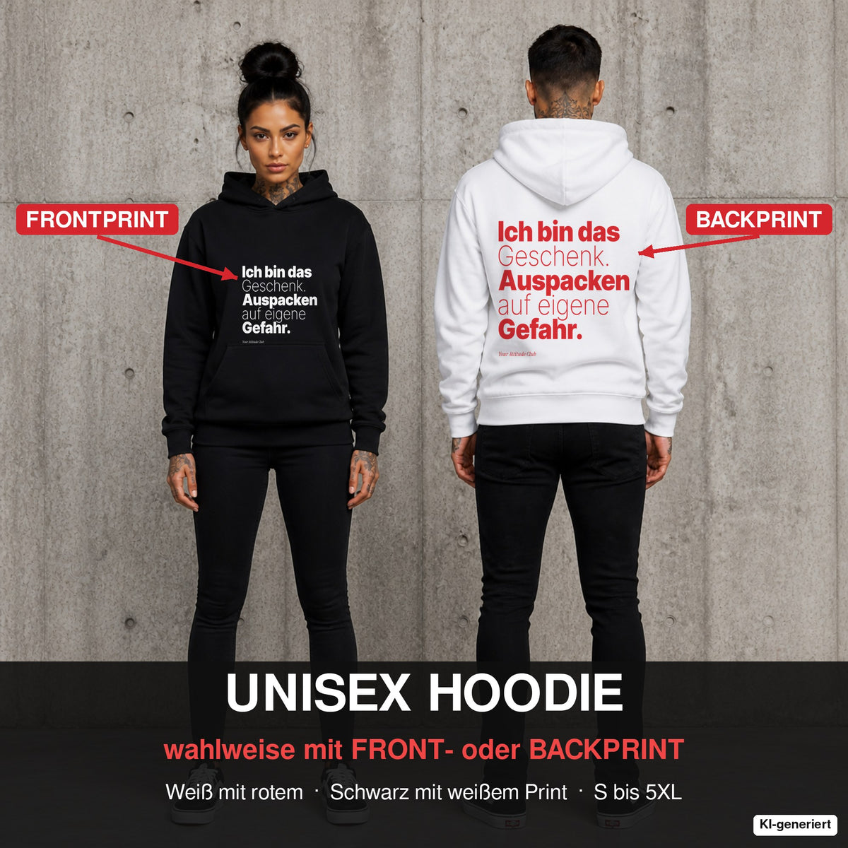 Ich bin das Geschenk. Auspacken auf eigene Gefahr – Hoodie wahlweise mit Front- oder Backprint, Paar vor Betonwand