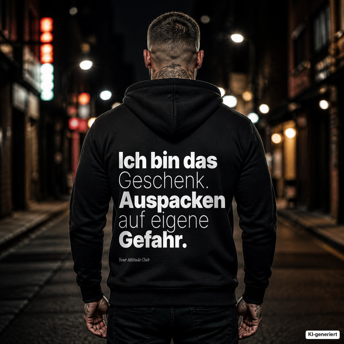 Ich bin das Geschenk. Auspacken auf eigene Gefahr – schwarzer Hoodie mit weißem Backprint, Herren in der Stadt bei Nacht