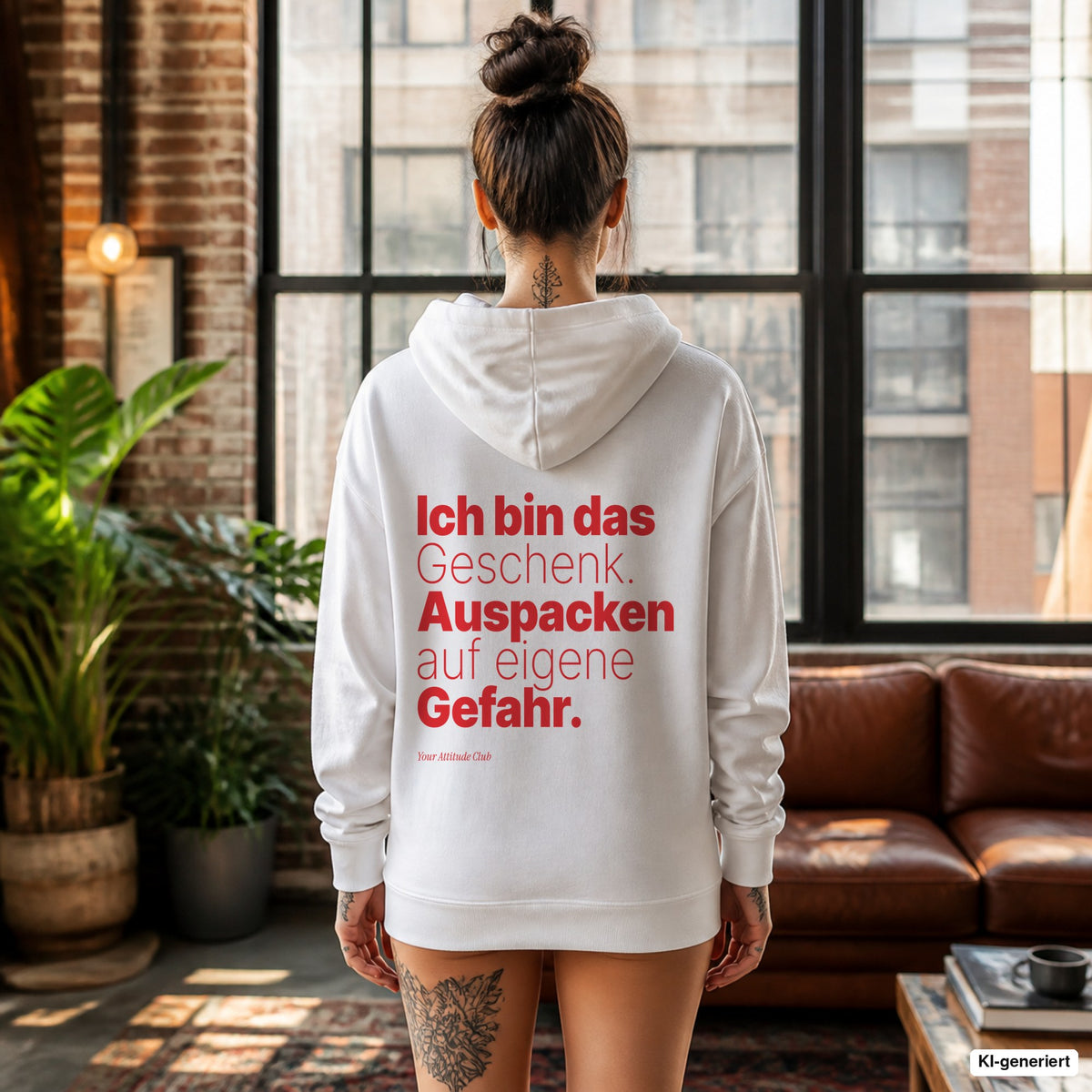 Ich bin das Geschenk. Auspacken auf eigene Gefahr – weißer Hoodie mit rotem Backprint, Damen im Loft