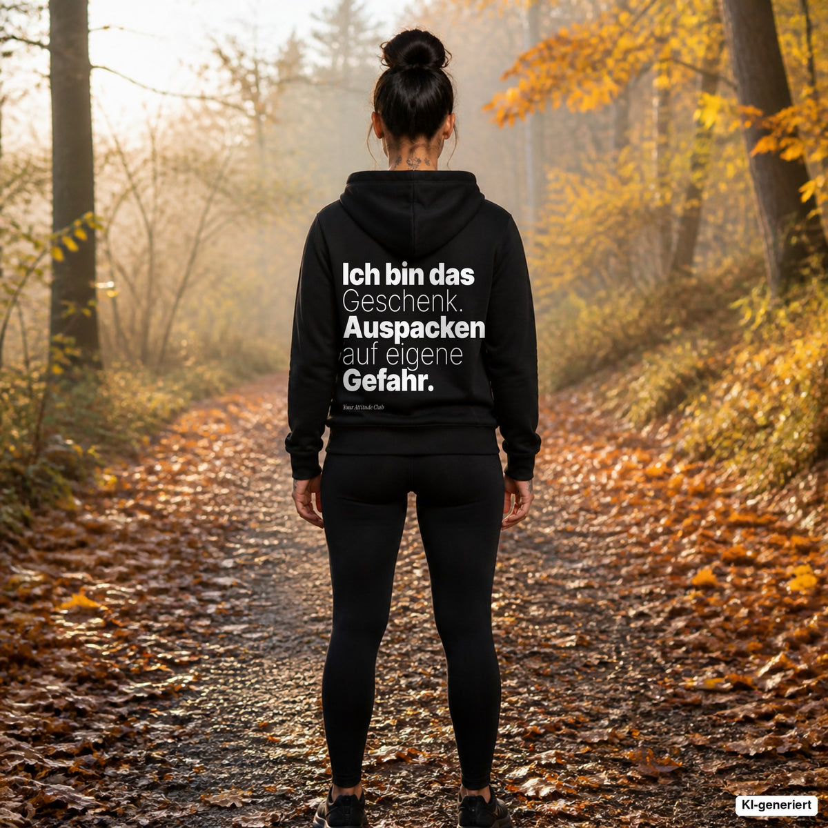 Ich bin das Geschenk. Auspacken auf eigene Gefahr – schwarzer Hoodie mit weißem Backprint, Damen beim Joggen im Herbst