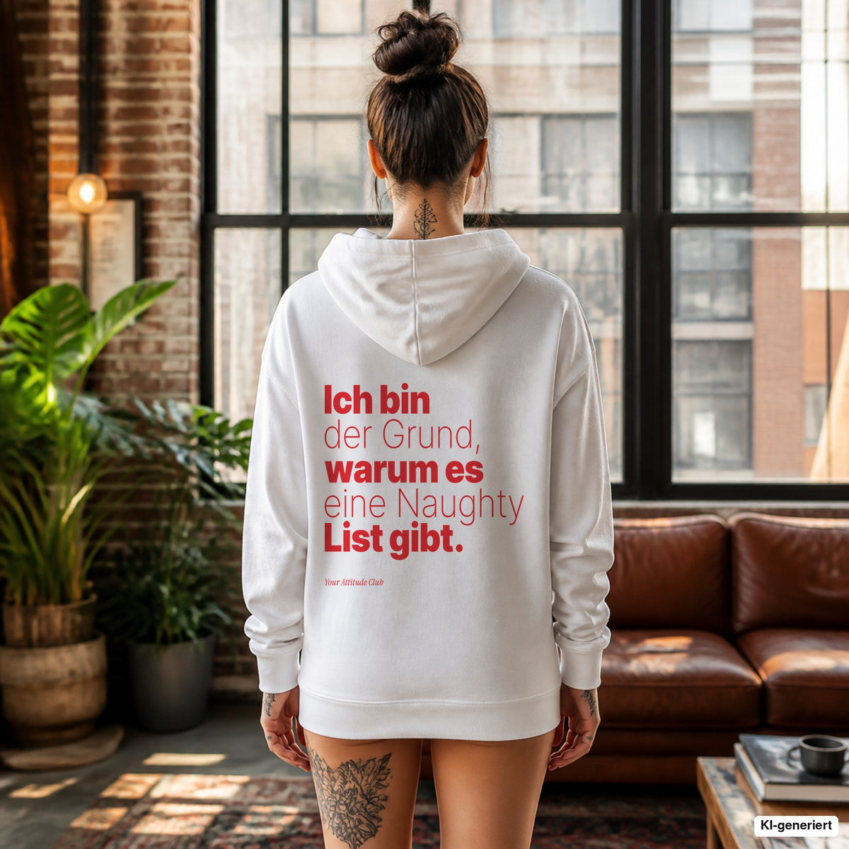 Ich bin der Grund, warum es eine Naughty List gibt – weißer Hoodie mit rotem Backprint, Damen im Loft