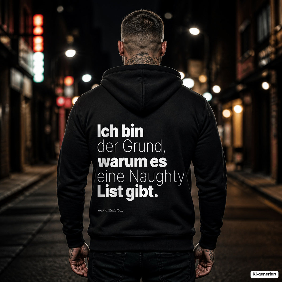 Ich bin der Grund, warum es eine Naughty List gibt – schwarzer Hoodie mit weißem Backprint, Herren in der Stadt bei Nacht